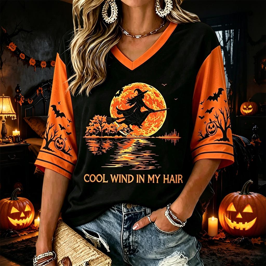 Women's Halloween Print V-Neck T-Shirt Casual Fashion Top
