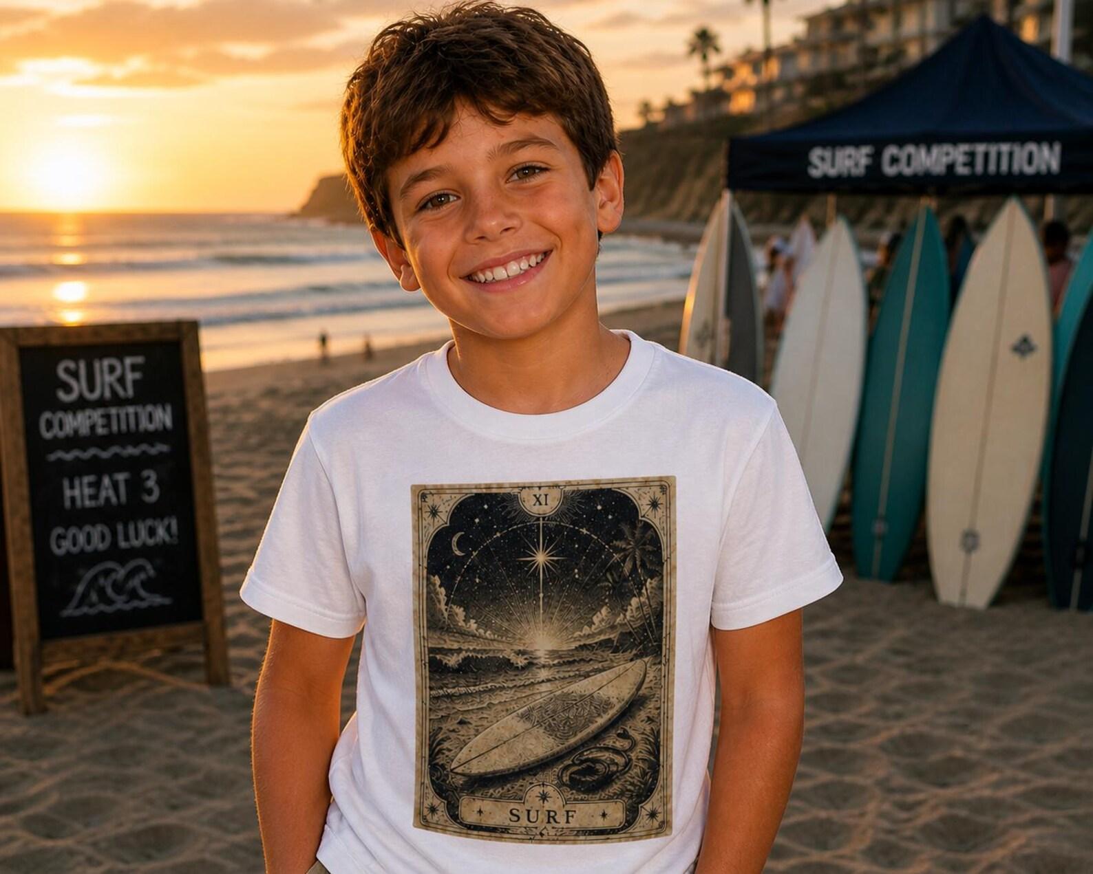 Vintage Surf Tarot Board Kids Tee | Retro Ocean Wave Night Sky 130