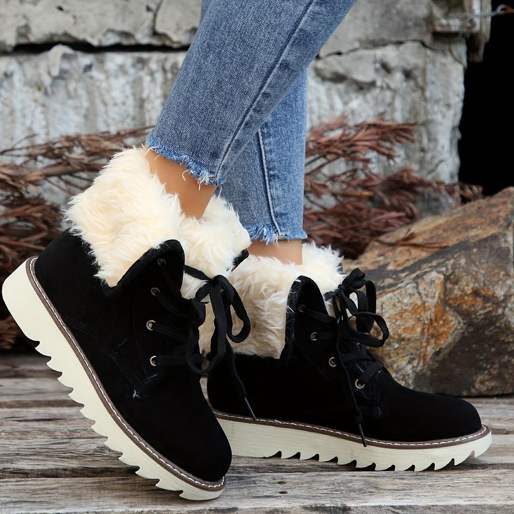 Women's Velvet Short Boots - Lace Up Round Head Flat Bottom Ankle Boots, Non Slip Outsole and Soft Inner Lining, Mid Barrel Style, Durable Grip Floor
