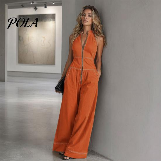 Tuta da donna senza maniche, con zip, colletto alto, pantaloni a gamba larga, Rompers, Abiti estivi casual monopezzo con tasche, Articoli in saldo