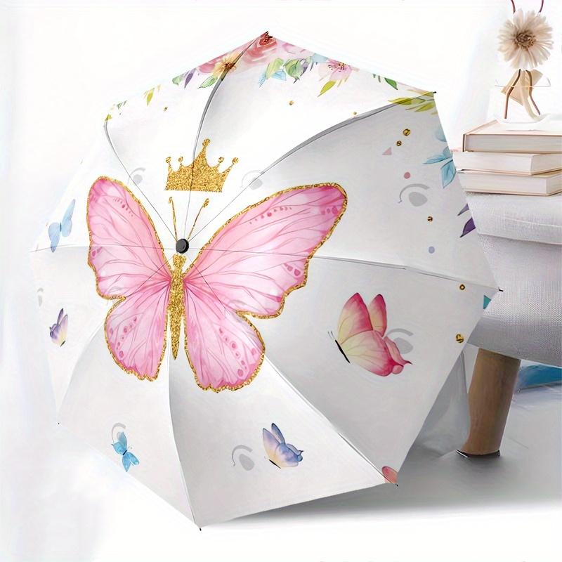 Butterfly Princess Automatic Folding Umbrella  8 Ribs, Durable Iron Frame, Bright Color Pattern Compact Travel Umbrella, Suitable for Outdoo