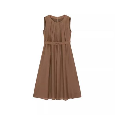 Lace-up Waist Dress Summer New Round Neck Pleated A-line Dress