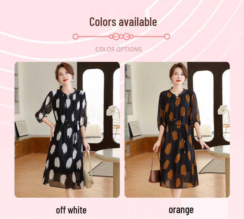 Summer Women's Short-Sleeved Chiffon Midi Dress with Meat-Print Design