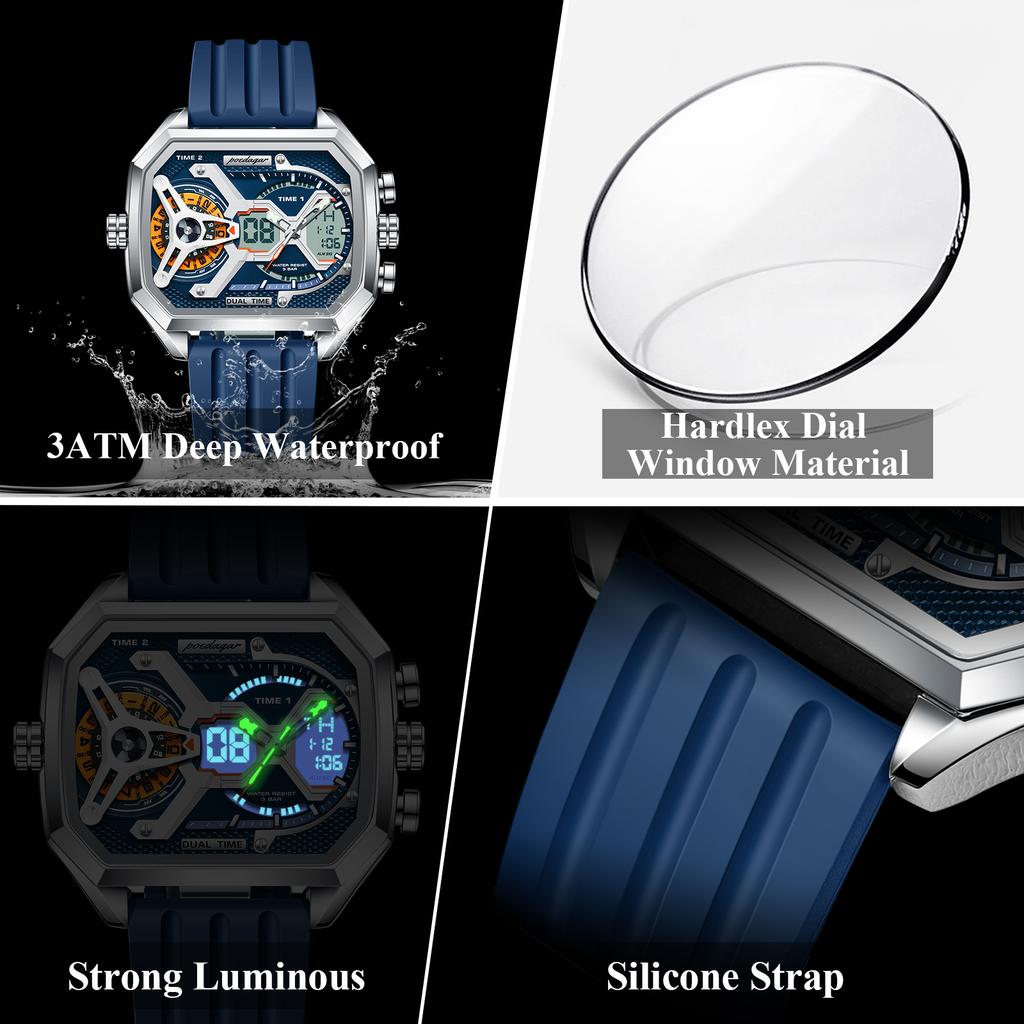 Luxury Men Wristwatch Date Week Luminous LED Quartz Man Clock Silicone Strap Electronic Dual Time Fashion Men's Watches