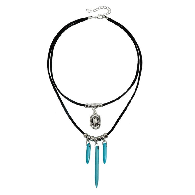 

Tribal Inspired Conical Pendant Necklace With Genuine Turquoise Stone Leather Cord Adjustable Length Neckchain