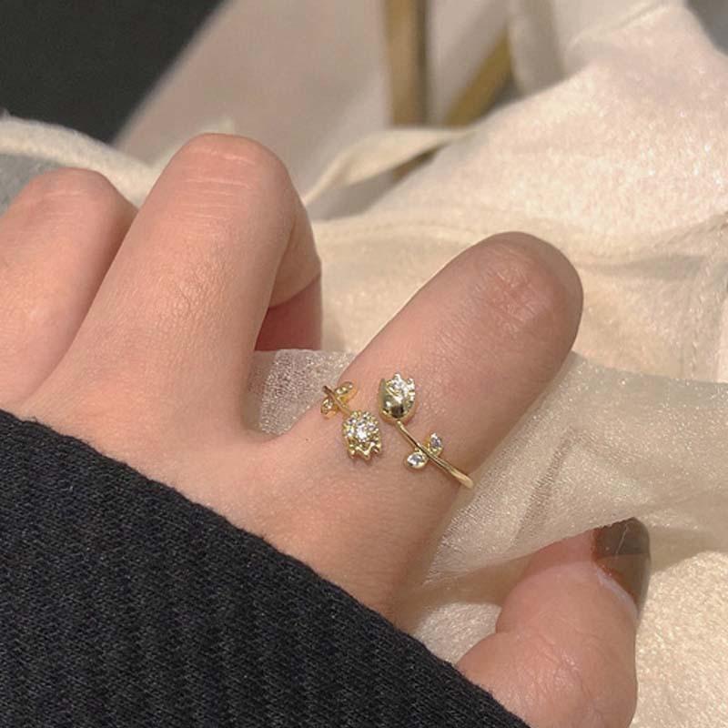 Fashion Gold Color Tulip Flower Open Ring, Women's Vintage Trend Elegant Temperament Party Jewelry Accessories