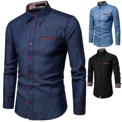Camisa Casual Masculina Bolso Combinado Couro Algodão Slim Manga Longa Camisa Jeans Masculina