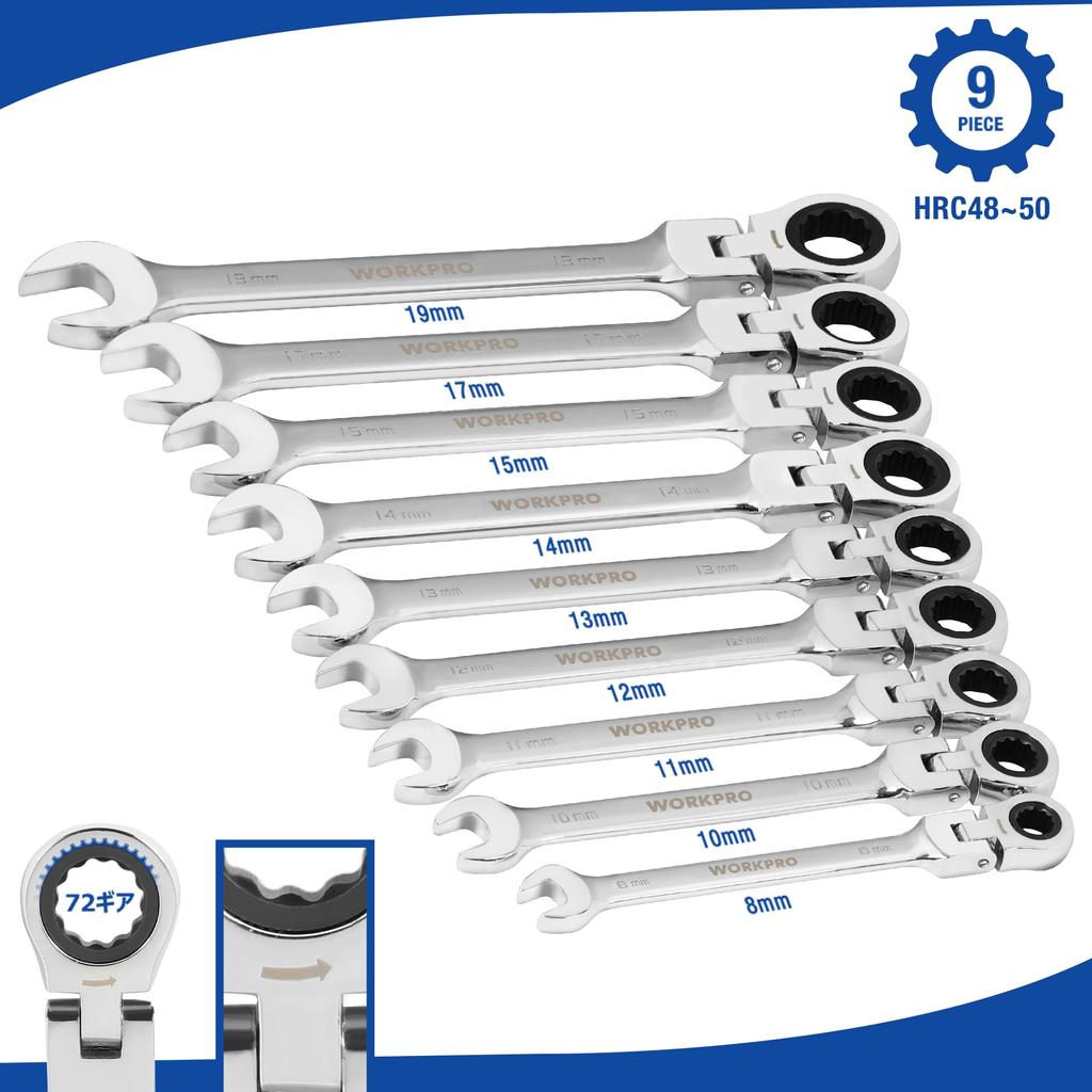 Chave Combinada Catraca Flexível WORKPRO com Giro 72 para Automóveis e Inclui Bolsa de Armazenamento Chave, Cabeça, 8-19mm, Engrenagens, Conjunto de 9 Peças, Montagem, Reparo,