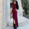 Sexy Mock Neck Side Split Long Dresses Women Slim Elegant Long Sleeved Package Hip Dress Spring Solid Evening Party Robes