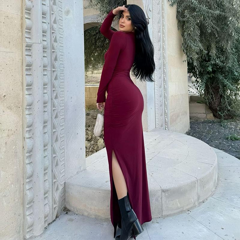 Sexy Mock Neck Side Split Long Dresses Women Slim Elegant Long Sleeved Package Hip Dress Spring Solid Evening Party Robes