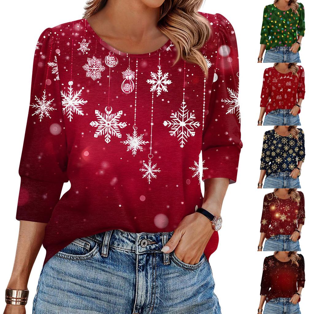 Women's Fashion Casual 3/4 Christmas Print Color Shirt Women's Round Neck Tops