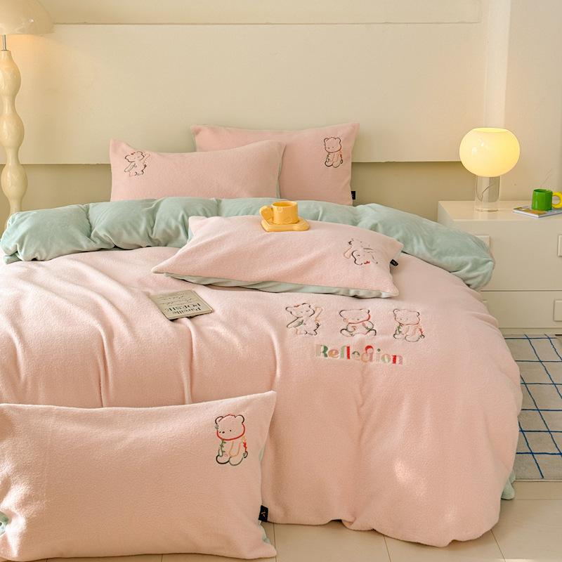 Thickened Imitation Cashmere Four-Piece Set Embroidered Milk Fleece Quilt Cover Coral Fleece Bedding Fleece Sheets