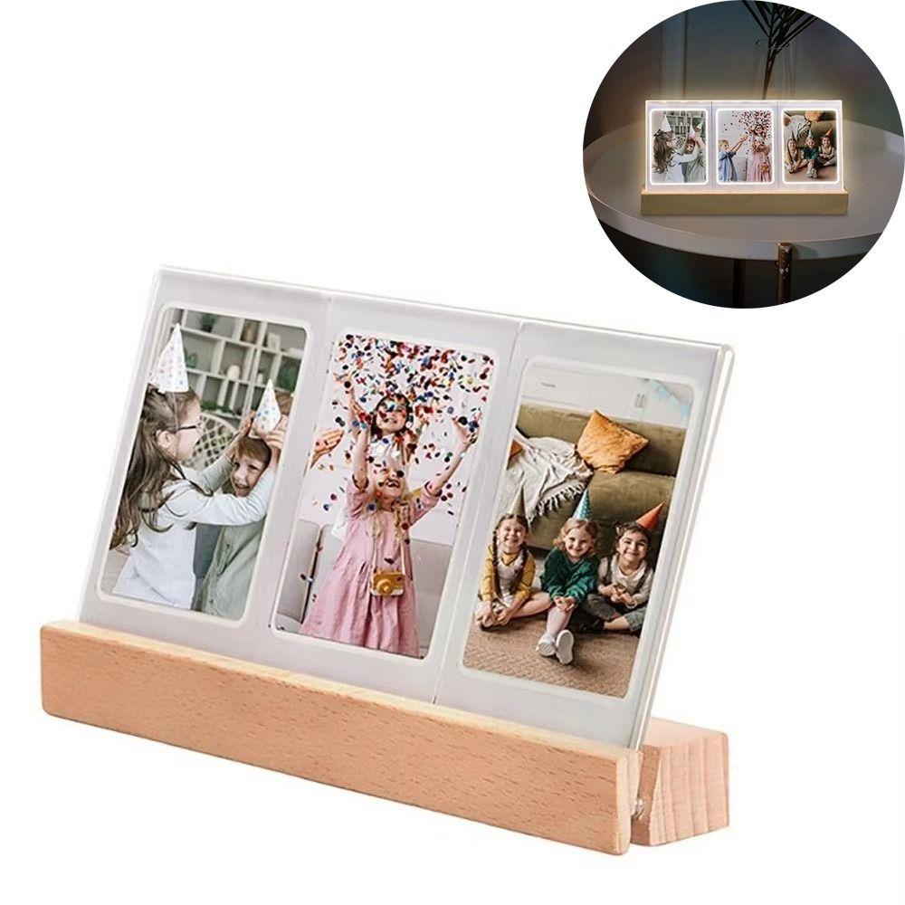 Clear Acrylic LED Light Photo Frame Wooden Base Tabletop Photo Display Rack Photo Holder  Table Top
