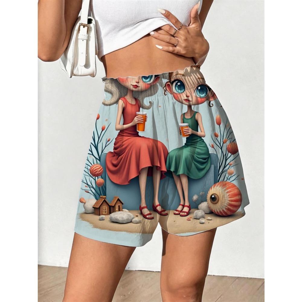 Summer Women s Casual Loose Fit Shorts with Whimsical Pastel Illustration of Two, Seashells and Abstract Spiral Motifs S