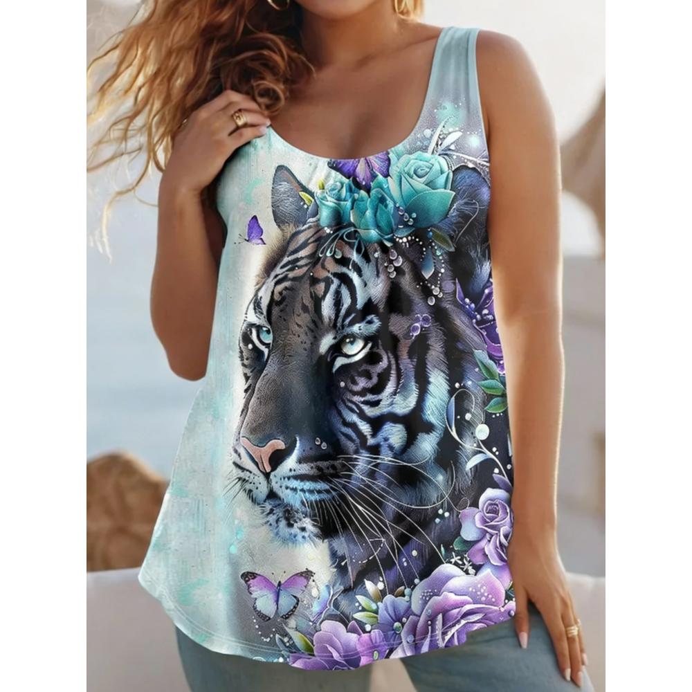 Summer Women's Large Size 3D Printing Flower Tiger Cat Vest Loose Fashionable Comfortable Soft Breathable O Neck Sleeveless Vest