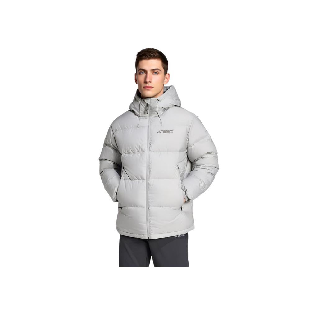 adidas AW24 Seyahat Outdoor Serisi Düz Renk Fermuarlı Kapüşonlu Uzun Kollu Kaz Tüyü Mont Erkek Dış Giyim Düz-Gri IX7926