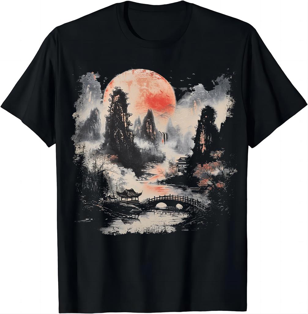 Pastoral Aesthetic Tshirt Moonlight Bridge Scenery Tshirt Natural and Harmonious Womens ClothingStreet Style HarajukuY2K