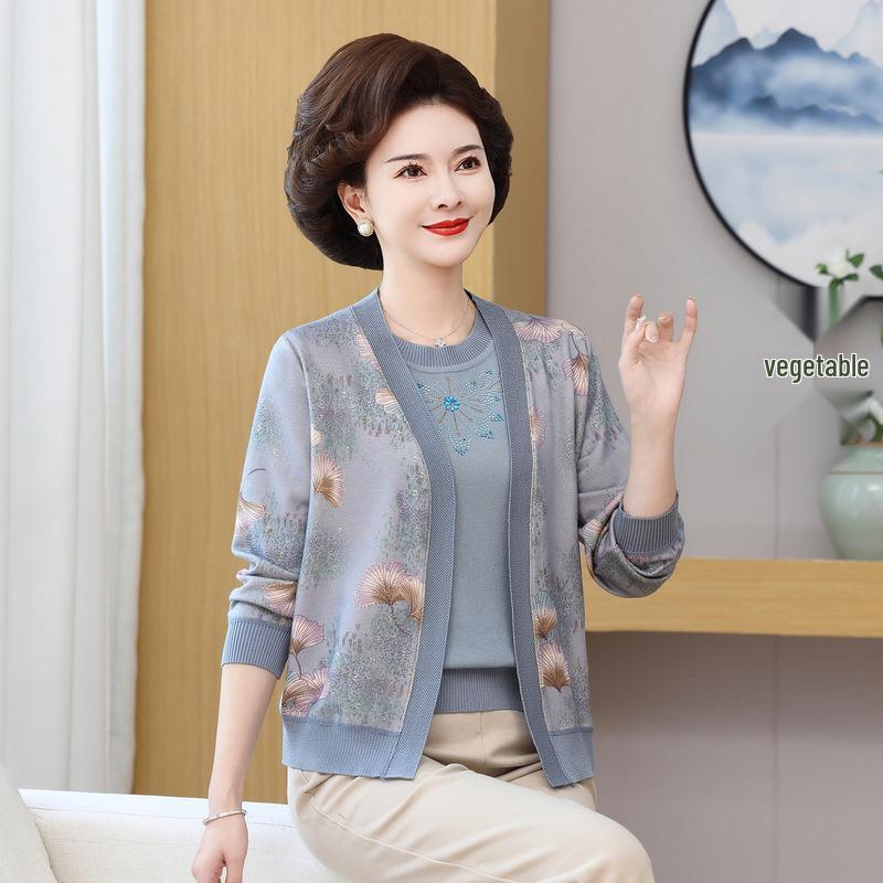 

Mom s Spring Knitwear Two-Piece Set: Stylish Cardigan & Top for Middle-Aged & Elderly Women 4XL (recommended for 67.5-75 kg) сіро блакитний колір