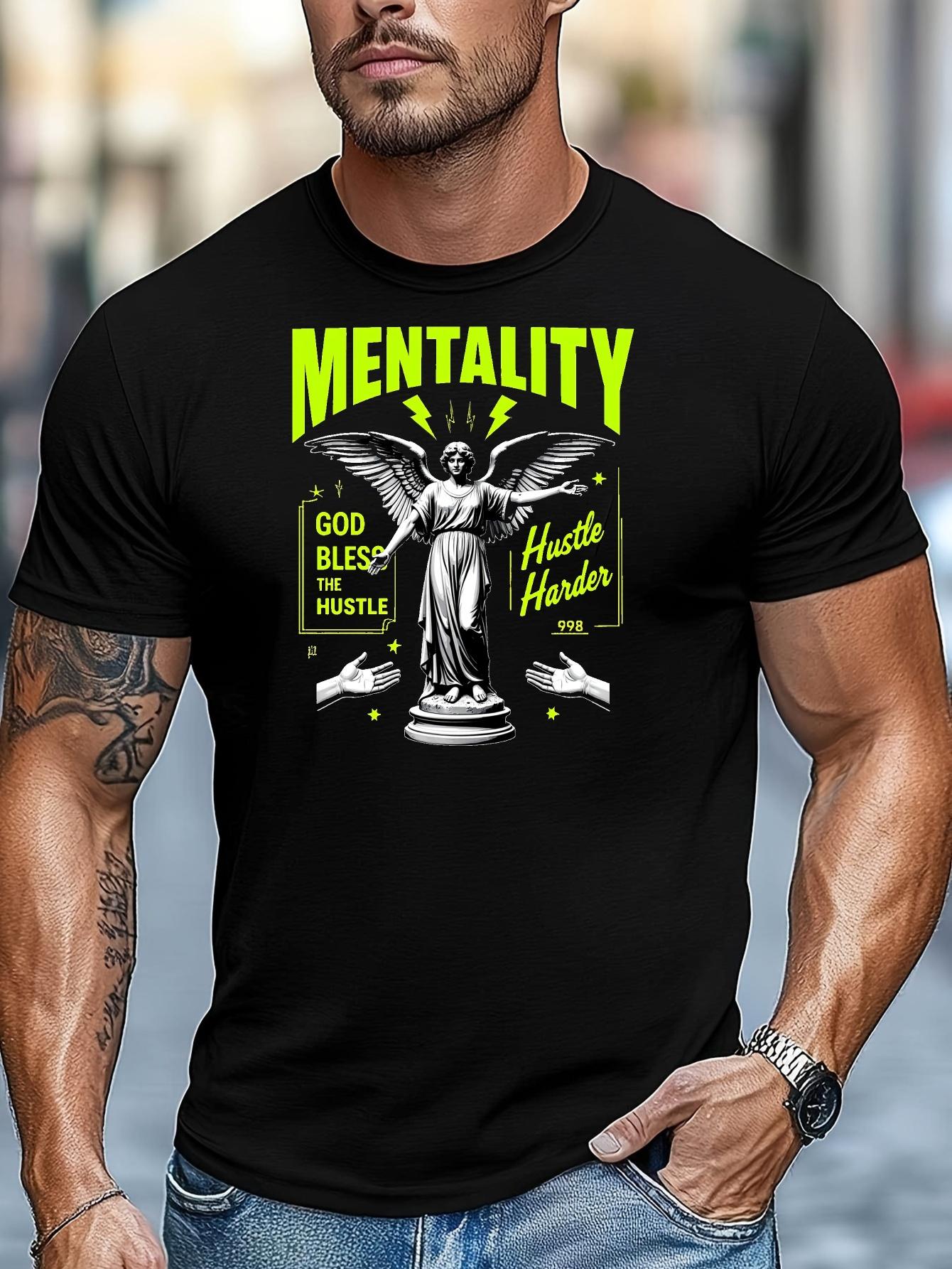 

Black Graphic T-shirt - Bold Neon Mentality Print - Soft Cotton Blend Crewneck Tee - Stretch Knit Fabric for Gym XXXL