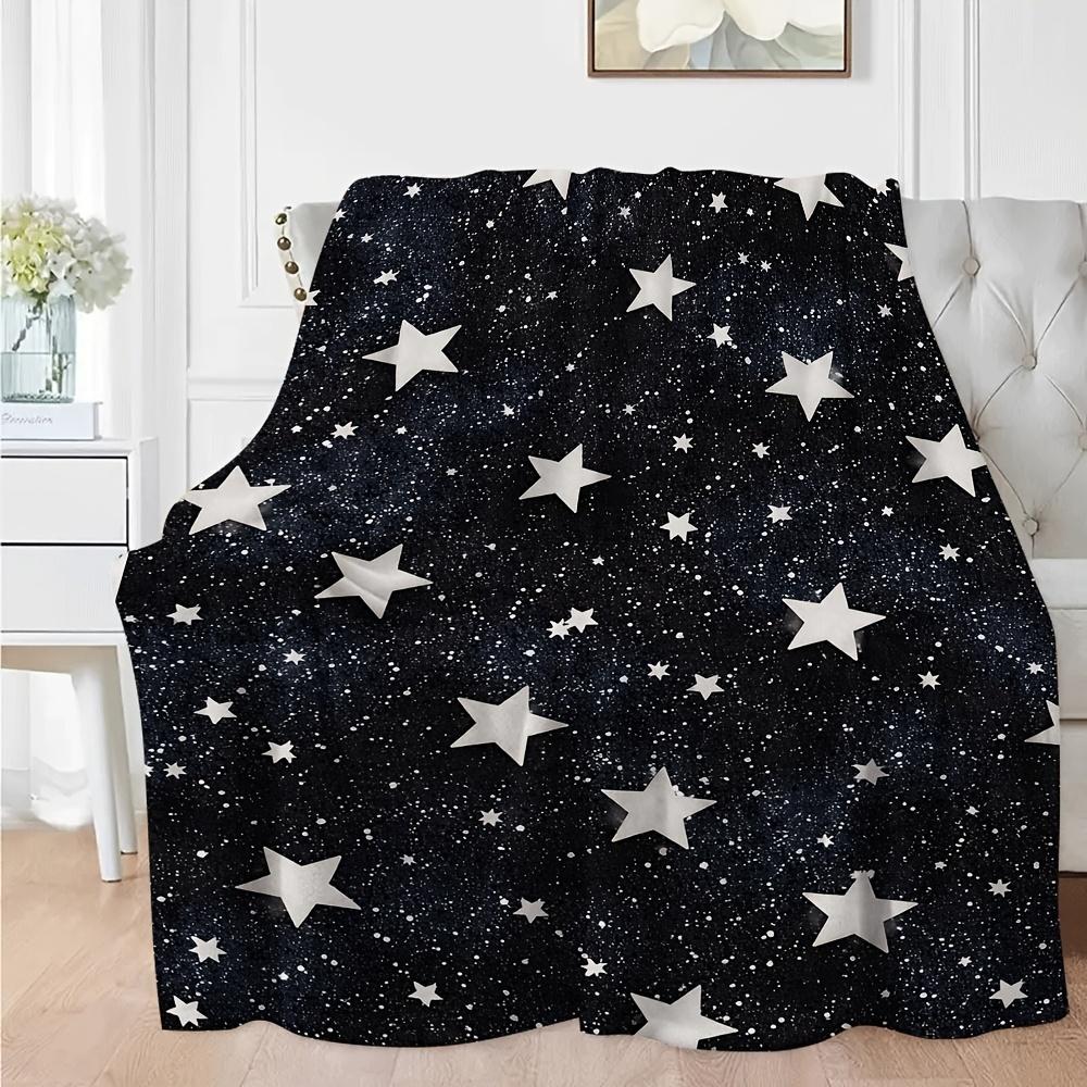 Black Starry Sky Flannel Throw Blanket White Star Glitter Print Soft Lightweight Kids Bedroom Decor Blanket