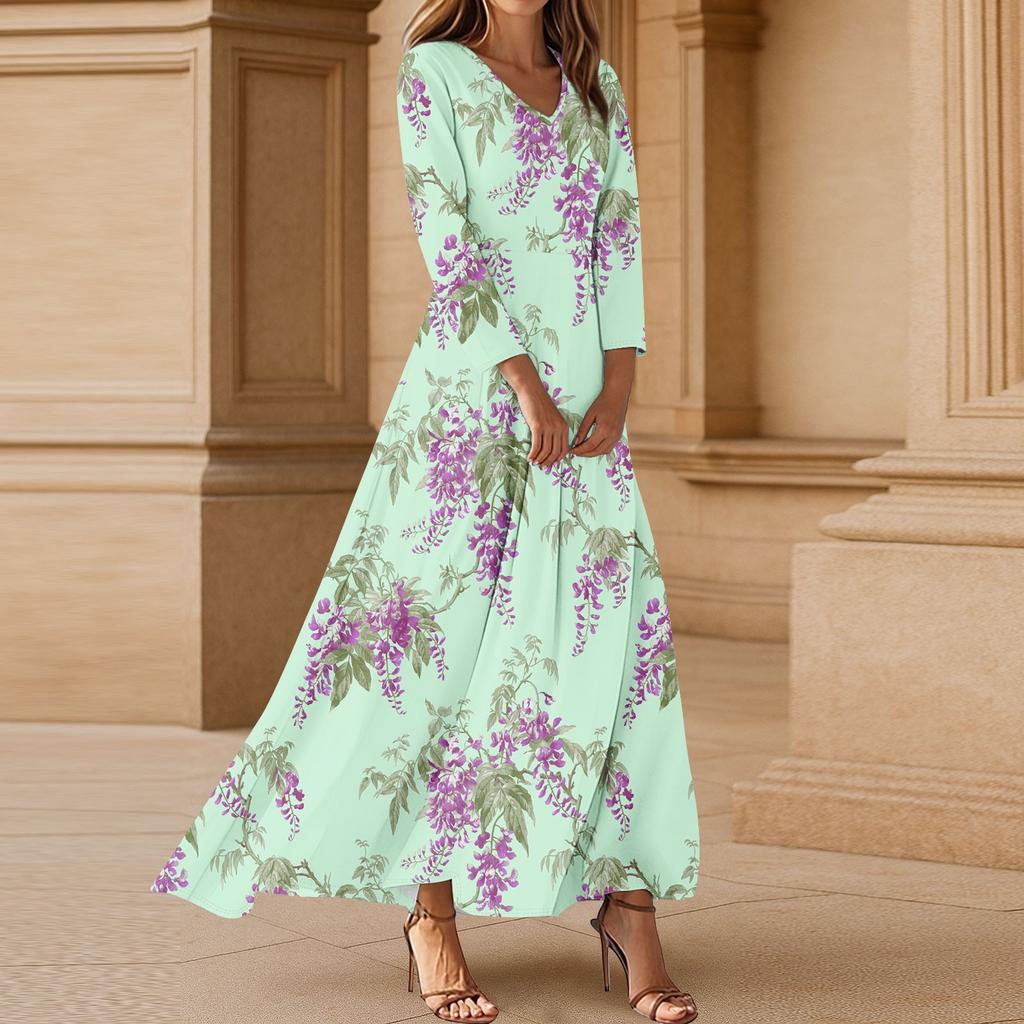 Robes Pour Femmes Tunique Fleurie Vintage Robe Midi Cintrée Été Décontracté Robe Manches 3/4