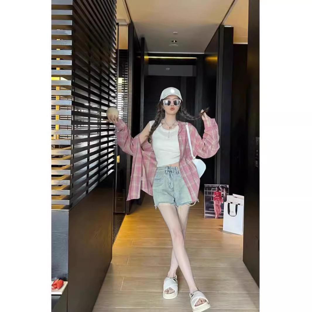 

Women s Retro Pink Plaid Polo Shirt - Over 95% Cotton - Korean Style for Early Autumn XL (Under 130 jins) рожевий