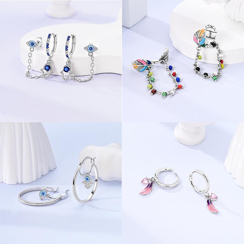 Real 925 Silver Palm Devil's Eye Feather Dream Catcher Design Luxury Earrings Fit For Engagement Fine Jewelry Gifts