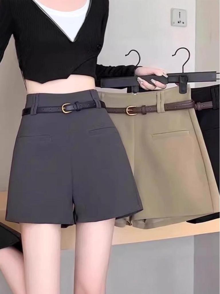 2026 Spring/Summer Women's Grey A-Line High-Waisted Wide-Leg Suit Shorts