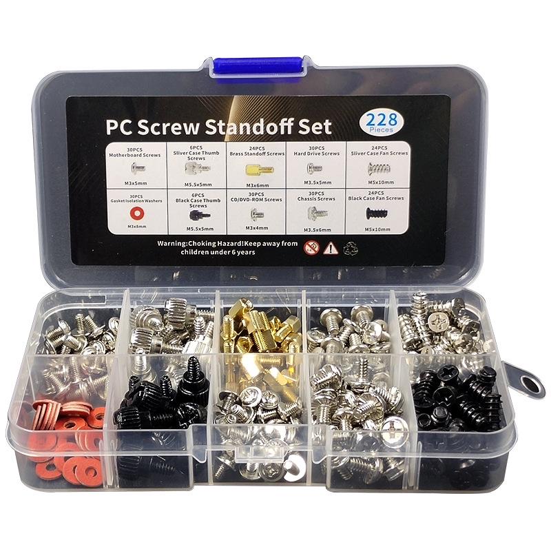 228-Piece Desktop PC Mounting Screw Set for Case, PSU, Optical Drive, HDD, and Motherboard.