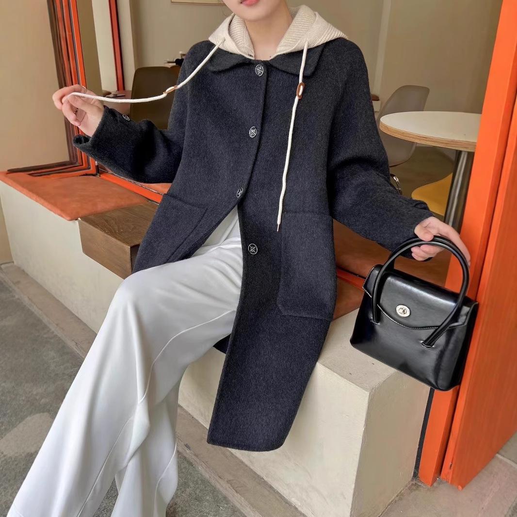 

Женское двустороннее шерстяное пальто с капюшоном Lizhiqi - Маленький размер, Коллекция Осень/Зима S (Recommended 40-60kg) чёрный