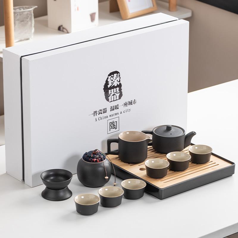 Black Pottery Kung Fu Tea Set Cover Bowl Teapot Tea Cup Tea Set Accessories Complete Tea Tray Business Gifts High-end Gift Box