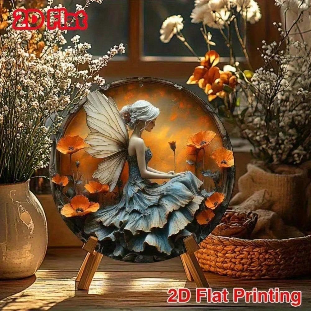 2D Flat Tin Sign Fairy with Butterfly Wings and Poppies for Home Office Wall Art