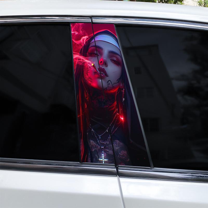 2pcs Nun Sisters Car Decal Car B-Pillar Sticker Smoking Nun Styling Car Decal Diy Car Door Post Vinyl Decal Cool Nun Decal