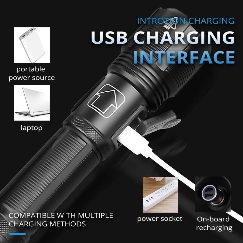 Powerful Xhp50 Led Flashlight With Usb Rechargeable Feature Ideal For Outdoor Camping And Emergency Situations