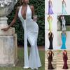 Elegant Halter Neck Deep V Waist-Cinching Long Fishtail Dress with Open Back and Flowing Ribbon