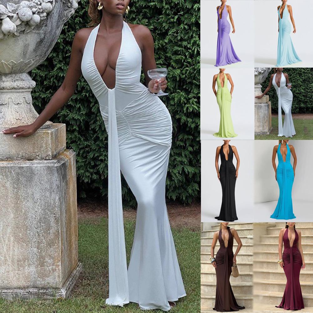 Elegant Halter Neck Deep V Waist-Cinching Long Fishtail Dress with Open Back and Flowing Ribbon