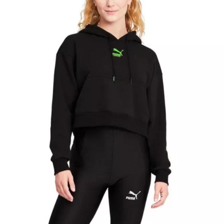 Puma Logo Casual Hooded Loose Knit Sweatshirt Women Tops Black 532247-01