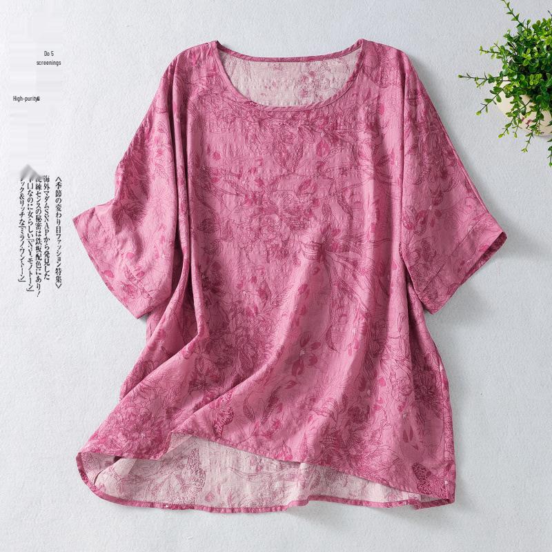 Plus Size Loose Round Neck Summer Cotton-Linen Short-Sleeve T-Shirt One Size