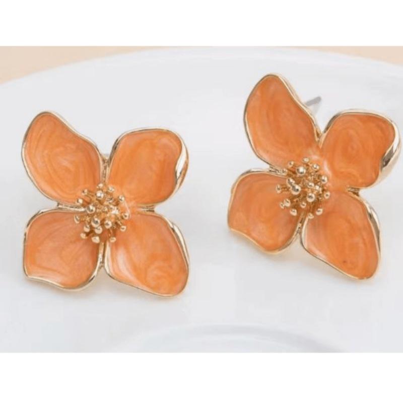 925 Silver Hibiscus Red Flower Stud Earrings - Retro Hong Kong Style with Three-Dimensional Drip Glaze Design