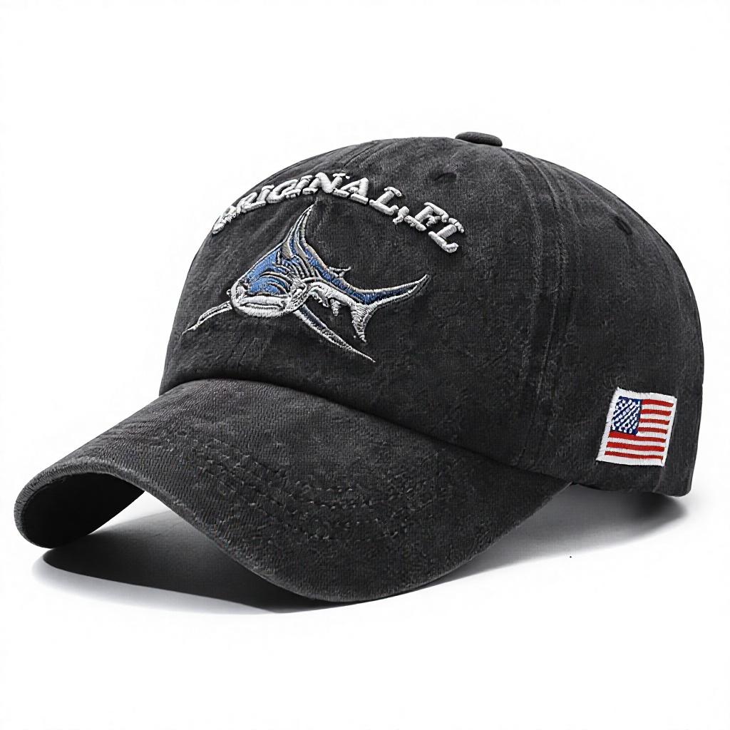 Breathable Cotton Embroidered Shark Unisex Street Style Antique Washed Four Seasons Use 6-Panel Adjustable Baseball Cap чёрный