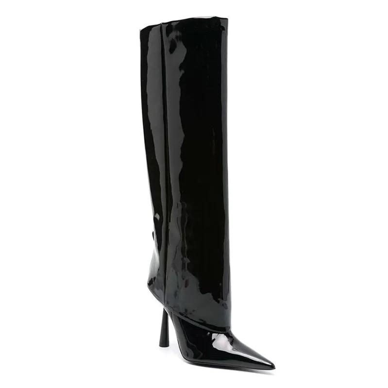 Fashion New Belt Buckle Elegant Black Women's Skirt Boots European  American Hot Girl Pointed High Heels Knee High Pants Boots Size 43