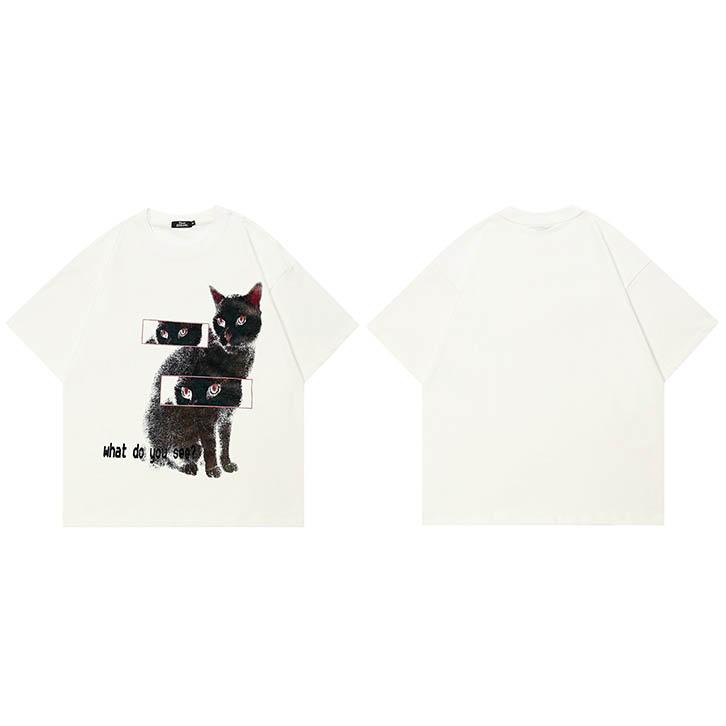 Hip Hop Faded Black TShirt Streetwear Animal Graphic T Shirt Cat Eyes Printed Men Tshirt  Cotton Tops Tees Hipster