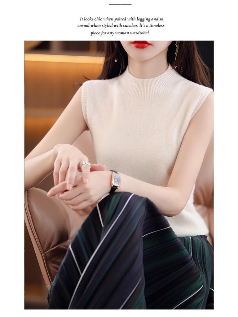 Women's Sleeveless High Neck Loose Knit Top - Black Autumn Base Layer