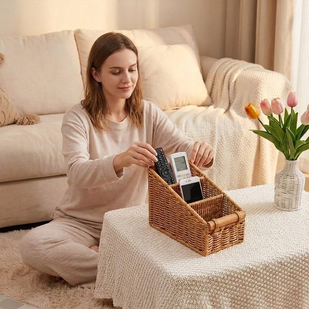 Multi-porpose Compartmentalized Storage Box Brown Plastic Sundries Organization Box Bevel Step Divided Grids Weaving Basket