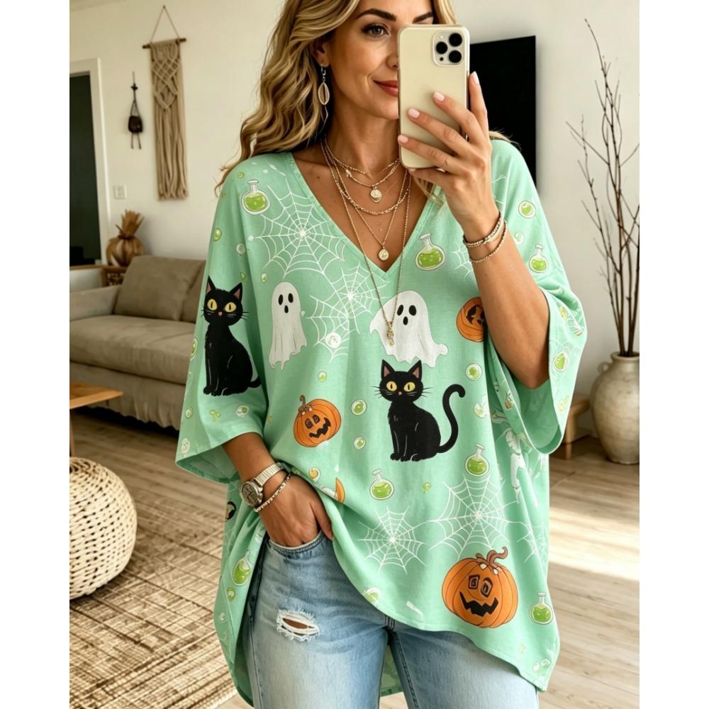 Halloween Printed T-shirt, Pumpkin Lantern Ghost T-shirt, Plus Size Women's V-neck Bat Sleeve Seven Quarter Sleeve Casual Top