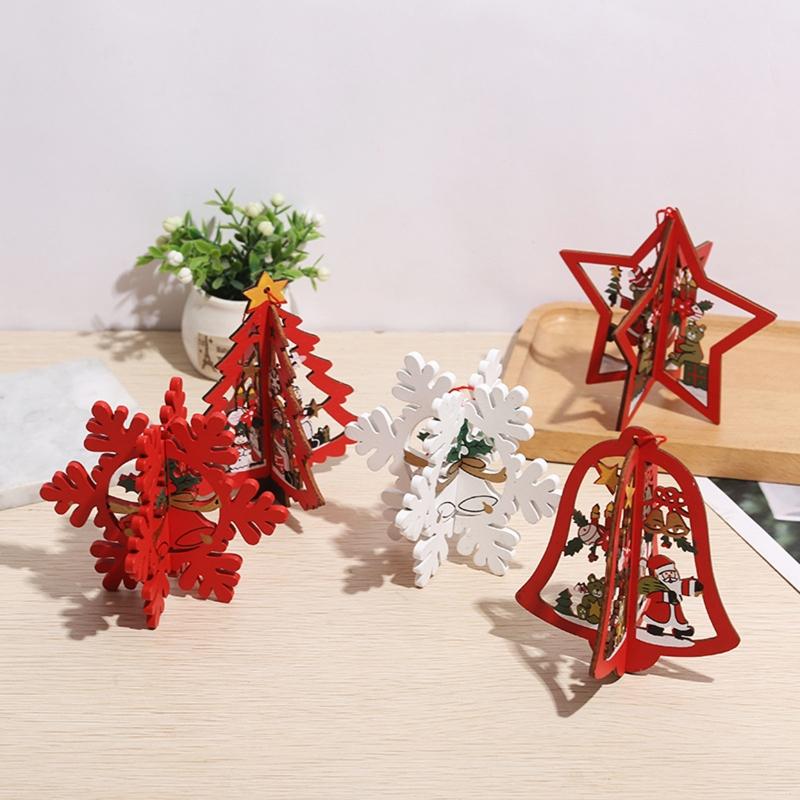 Cute Wooden Christmas Ornaments Star Xmas Tree Bell Xmas Tree Hanging Embellishments Crafts DIY Holiday Hanging Decor