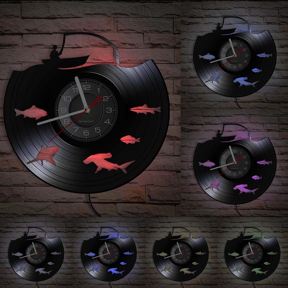 Gone Fishing Wall Art Sign Fish Rod Fisherman Wall Clock Interior Fishing Vinyl Record Wall Clock Handmade Gift For Fishermen