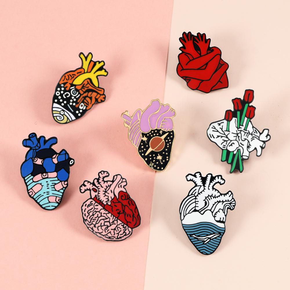 Fashion Body Organs Enamel Brooch Heart Brain Lung Lapel Pins Art Design Ocean Flowers Symbol Love Badge Bag Denim Jewelry Gifts