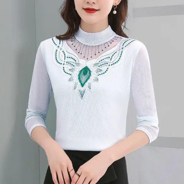 Toamnă Iarnă Tricouri noi din dantelă Cămașă cu jumătate de guler înalt pentru femei Pulovere cu mânecă lungă Top M-5XL