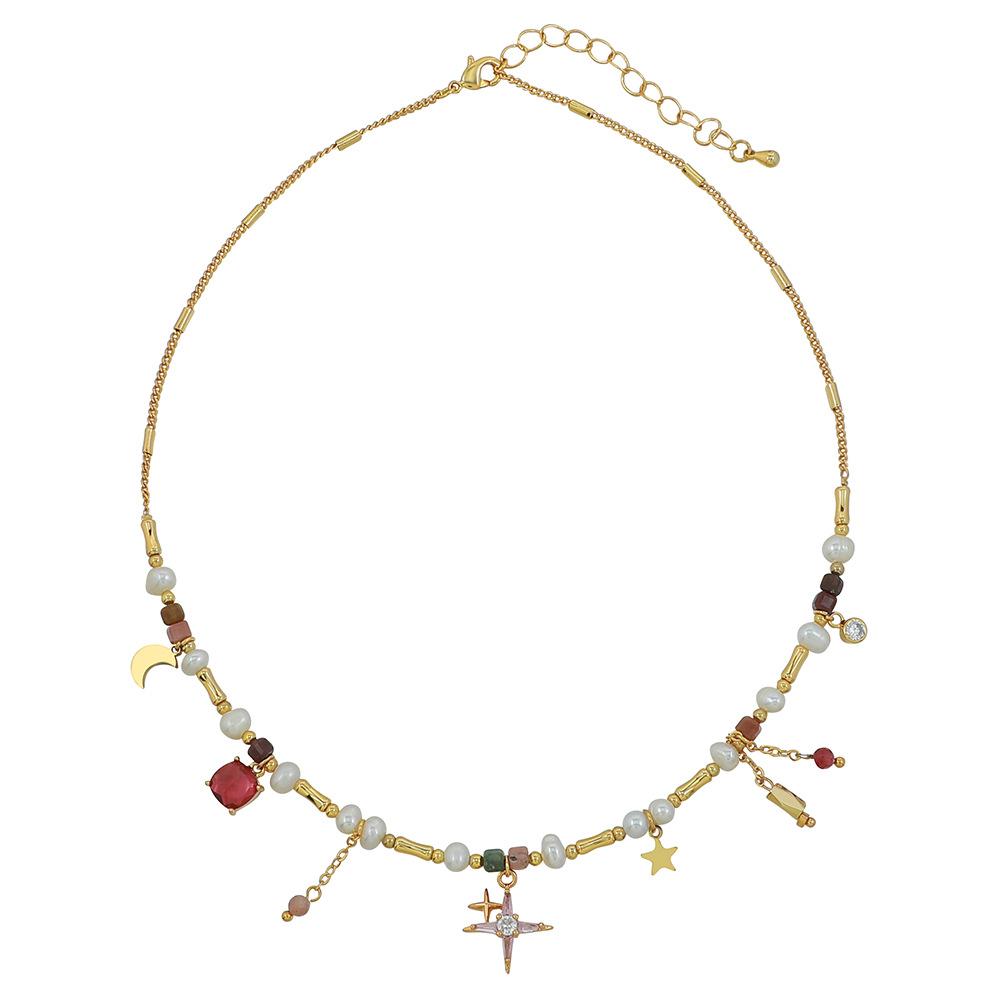 GEMCHIC Women s Vintage Geometric Pearl Necklace with Rhinestone Cross and Moon Charms, Elegant Layered Beaded Choker
